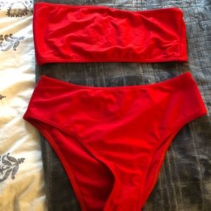 Red 2 piece strapless high waisted bikini